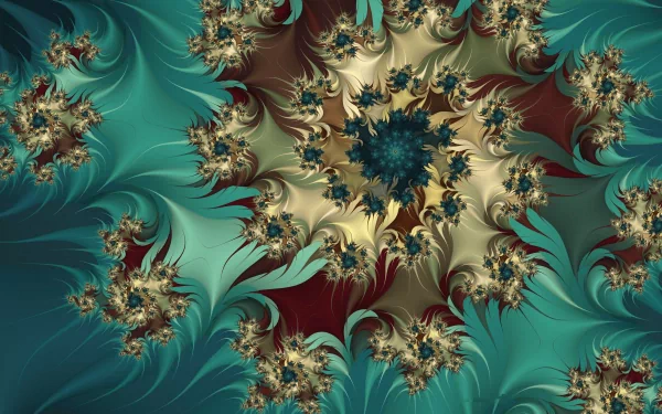 A psychedelic, trippy fractal swirl with turquoise and maroon hues in an abstract, intricate design, rendered as an HD PC desktop wallpaper and background.