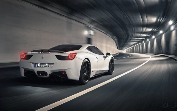 HD PC desktop wallpaper featuring a white Ferrari 458 Italia speeding through a modern, illuminated tunnel.