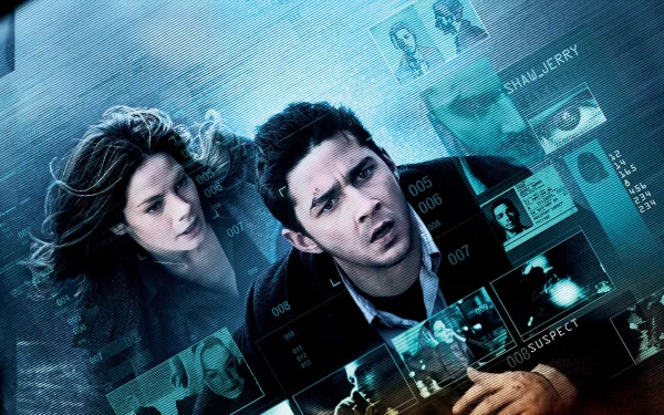 HD desktop wallpaper featuring a dramatic montage from the movie Eagle Eye with intense character expressions and surveillance imagery.