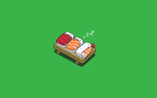 Funny and fun HD PC desktop wallpaper featuring three sushi pieces, one sleeping with cartoon z's, on a bright green background.