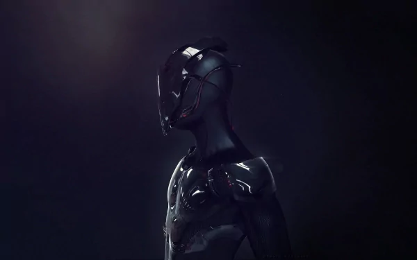 HD desktop wallpaper of a stylized figure with a sleek, futuristic design set against a dark, moody background.