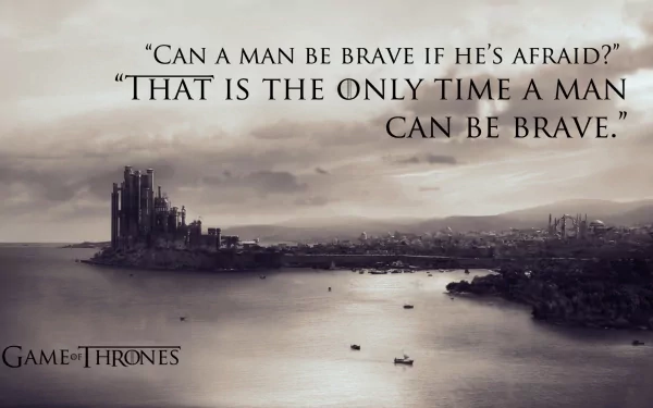 HD Game of Thrones wallpaper featuring a coastal castle with inspirational quotes on bravery against a dusky sky.