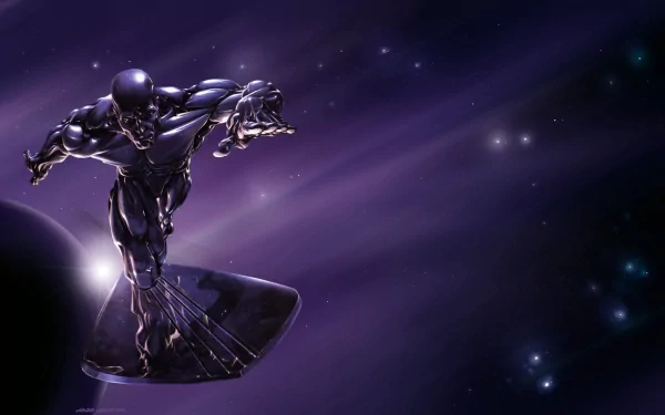 A dynamic HD desktop wallpaper featuring the Silver Surfer from comics, soaring through a cosmic landscape filled with stars and vibrant purple hues.