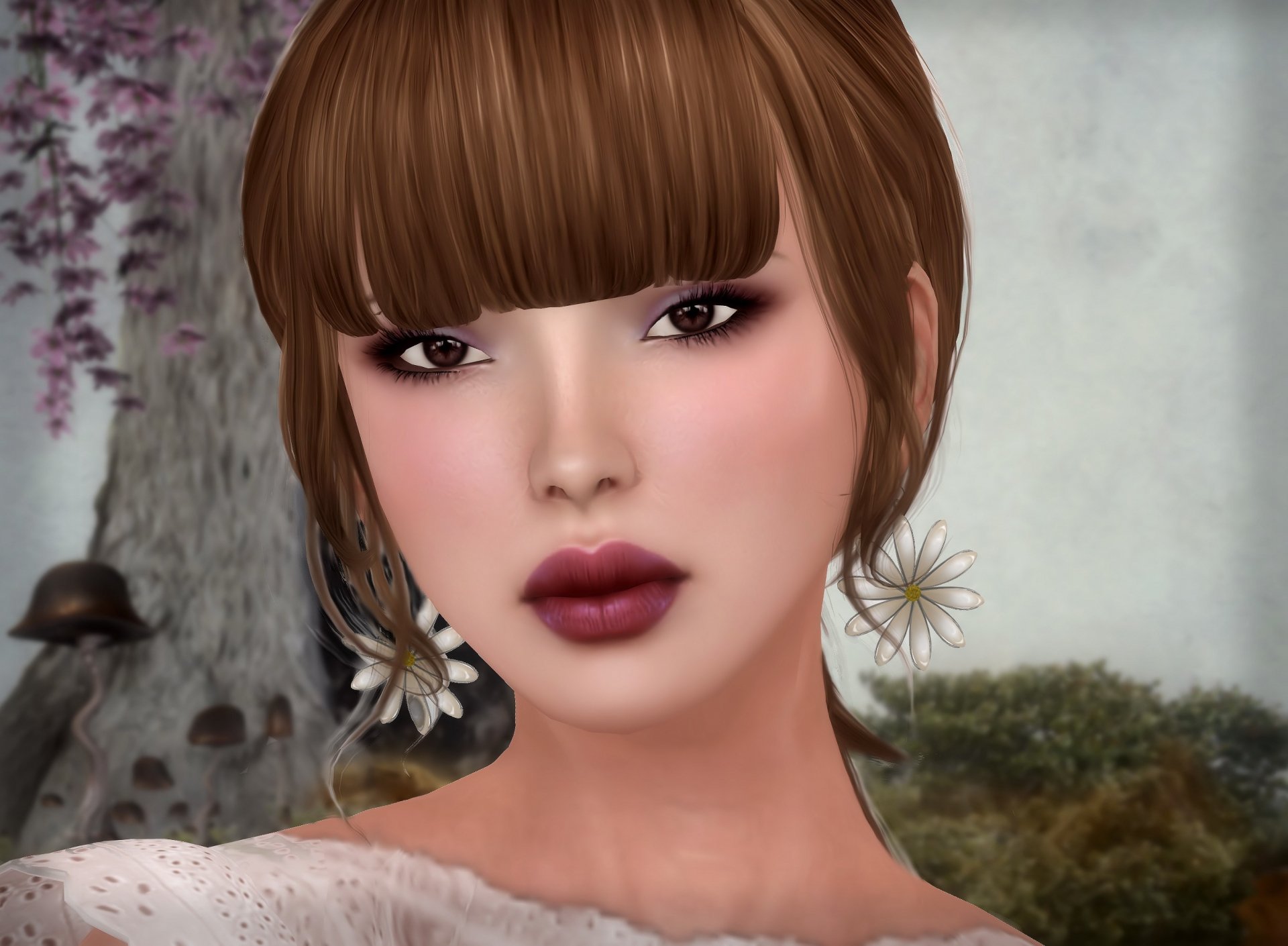 A close-up of a woman with light makeup and a stylish bob haircut, adorned with a floral earring, set against an artistic background. This HD image serves as an engaging desktop wallpaper.