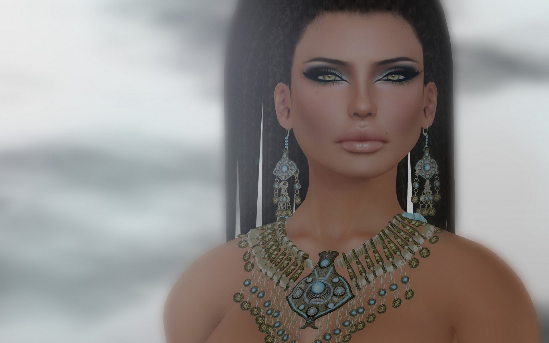 Artistic HD PC desktop wallpaper featuring a detailed close-up of a woman with striking makeup, elaborate jewelry, and a soft, blurred background.