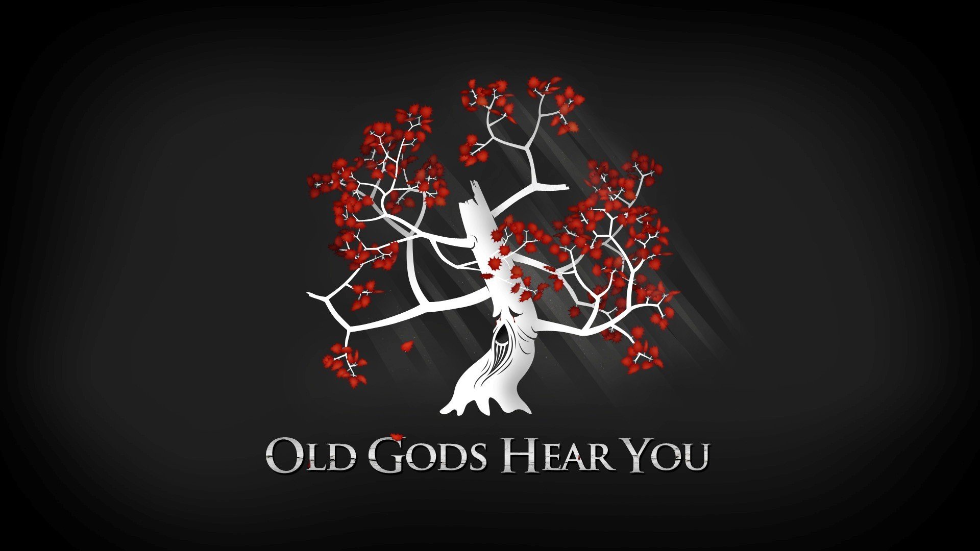 A mystical tree with red blossoms contrasts against a dark background, featuring the text Old Gods Hear You, inspired by the TV show Game of Thrones.
