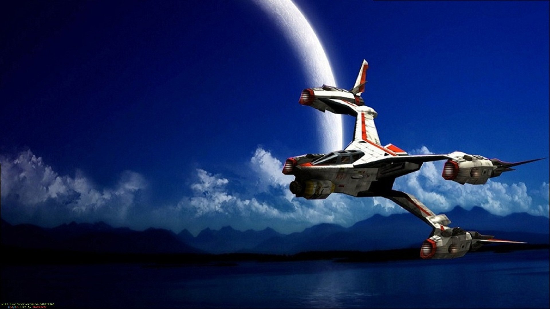 HD PC desktop wallpaper: Babylon 5 TV show spaceship skimming a planetary sea beneath a huge moon — dramatic sci‑fi background.