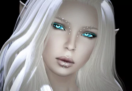 HD fantasy elf wallpaper featuring a close-up of a striking elf with long white hair, captivating blue eyes, and beaded adornments on her face.