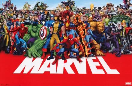 HD desktop wallpaper featuring a vibrant ensemble of iconic Marvel Comics superheroes and characters with the bold Marvel logo at the bottom.