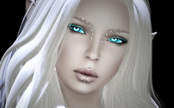 HD fantasy elf wallpaper featuring a close-up of a striking elf with long white hair, captivating blue eyes, and beaded adornments on her face.