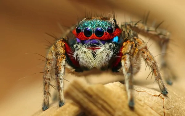 A vibrant close-up of a jumping spider, showcasing its colorful eyes and detailed fur, serves as an engaging HD desktop wallpaper and background for animal lovers.