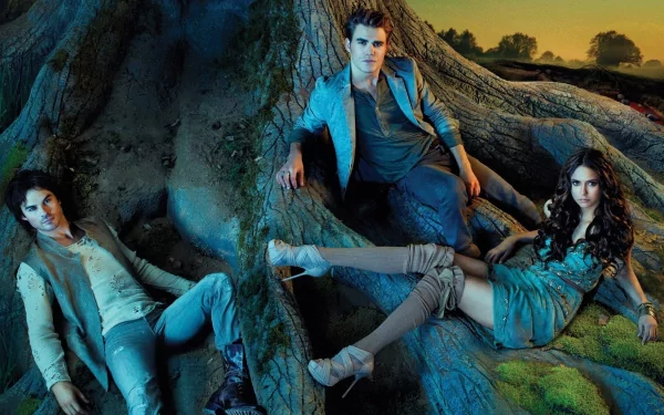 HD desktop wallpaper from The Vampire Diaries featuring three main characters posed dramatically against a large tree, enveloped in a mystical, atmospheric setting.