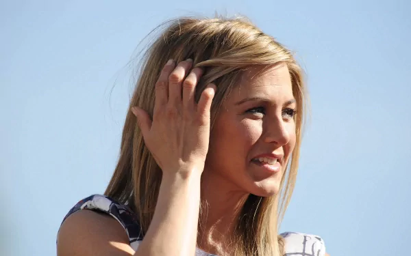 HD desktop wallpaper featuring a close-up of celebrity Jennifer Aniston smiling with her hand touching her hair against a clear blue sky background.