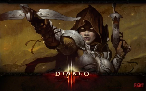 HD PC desktop wallpaper featuring the Demon Hunter character from the video game Diablo III, showcasing a dark, intense atmosphere with detailed armor and weapons.