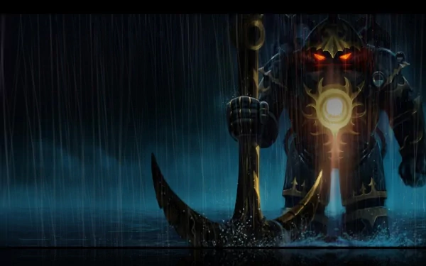 HD PC desktop wallpaper featuring Nautilus from League of Legends, standing in the rain with glowing eyes and holding a large anchor in a dark, underwater atmosphere.
