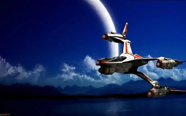 HD PC desktop wallpaper: Babylon 5 TV show spaceship skimming a planetary sea beneath a huge moon — dramatic sci‑fi background.