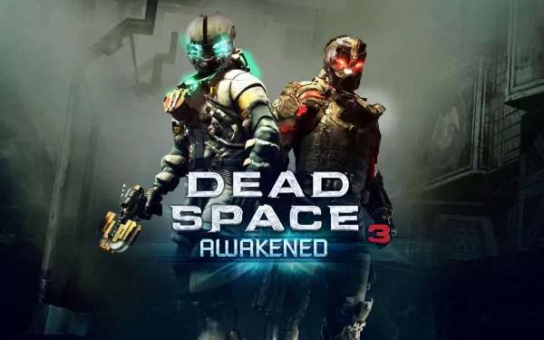 A dynamic HD wallpaper for the video game Dead Space 3, featuring two space explorers in futuristic suits, ready for action against a dark, atmospheric backdrop.
