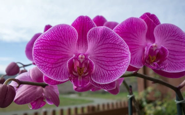 Close-up of vibrant pink orchids showcasing detailed petals, set against a soft-focus natural background, captured in HD for a stunning desktop wallpaper.