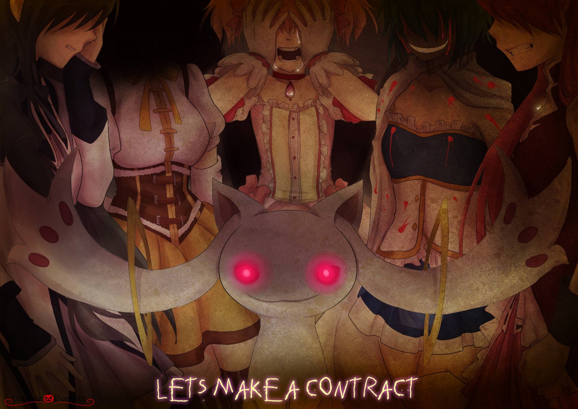 Kyuubey stands in front of the magical girls Sayaka Miki, Mami Tomoe, Kyōko Sakura, Madoka Kaname, and Homura Akemi in this HD wallpaper from Puella Magi Madoka Magica.