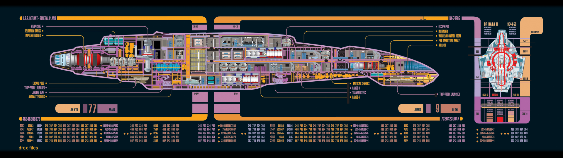 HD PC desktop wallpaper featuring a detailed Star Trek sci-fi starship schematic with technical annotations and colorful circuit-like design elements.