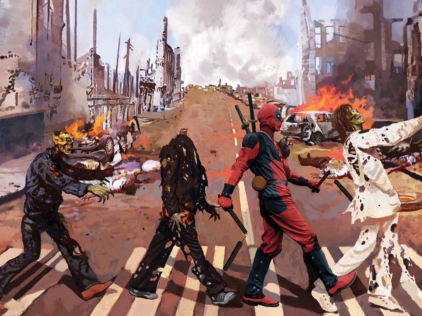 HD PC desktop wallpaper featuring Deadpool walking confidently through a post-apocalyptic street, surrounded by eerie, zombie-like X-Men characters in a comic-style scene.