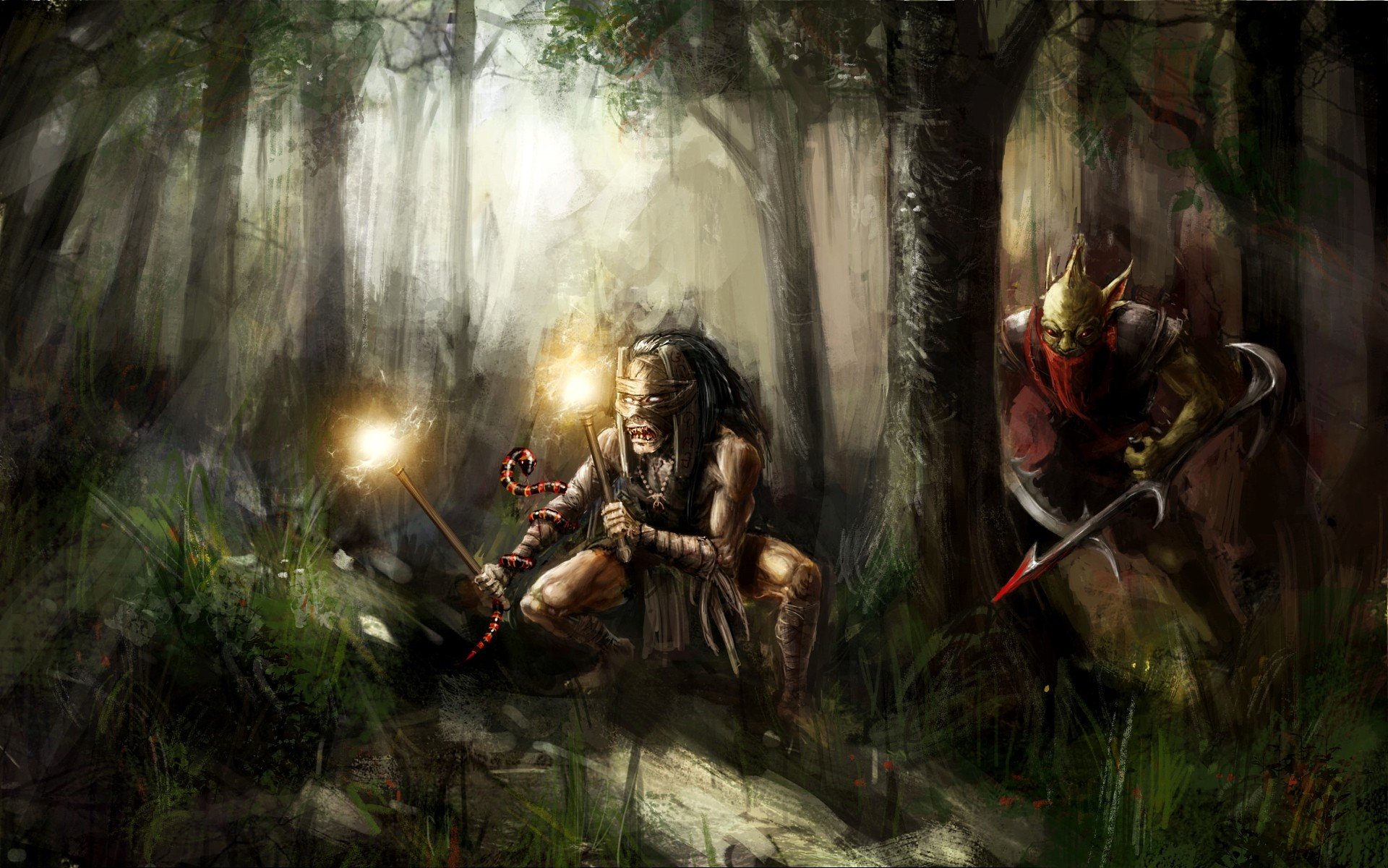 HD PC desktop wallpaper, DotA video game scene: two heroes in a misty forest—a crouching torchbearer scouting the path and an armored swordsman emerging from the trees, moody atmospheric background.