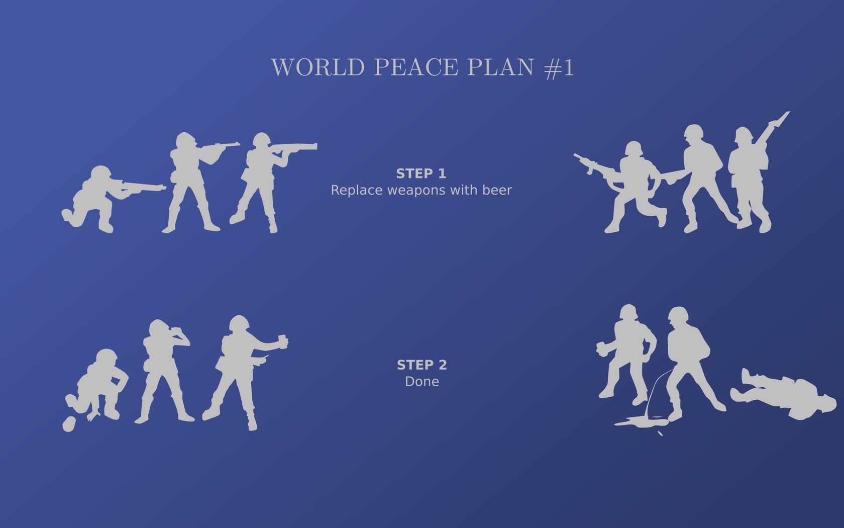 Funny war-themed HD PC desktop wallpaper titled World Peace Plan #1 showing silhouette comic panels where soldiers swap weapons for beer in a two-step gag.