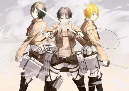 HD desktop wallpaper featuring Armin Arlert, Mikasa Ackerman, and Eren Yeager from the anime Attack on Titan, in combat gear with swords drawn, ready for battle against a clouded sky backdrop.