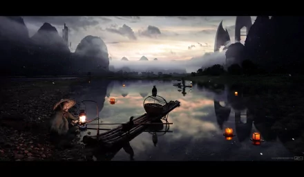 HD fantasy oriental landscape with a serene river, floating lanterns, and silhouetted figures against misty mountains, creating a mystical and tranquil atmosphere.