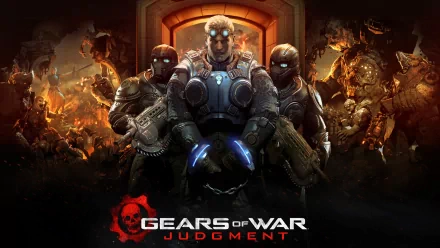 HD wallpaper showcasing characters from the video game Gears of War: Judgment, featuring three armored soldiers against a chaotic battle backdrop.
