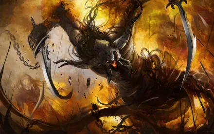 A fierce fantasy creature with multiple curved blades and dark, flowing hair emerges from a fiery, chaotic background. HD PC desktop wallpaper.