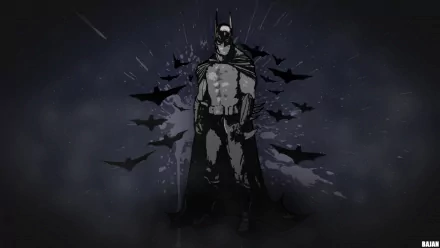 HD comic-style Batman PC desktop wallpaper showing the Dark Knight standing with bats flying in the background against a dark, moody backdrop.