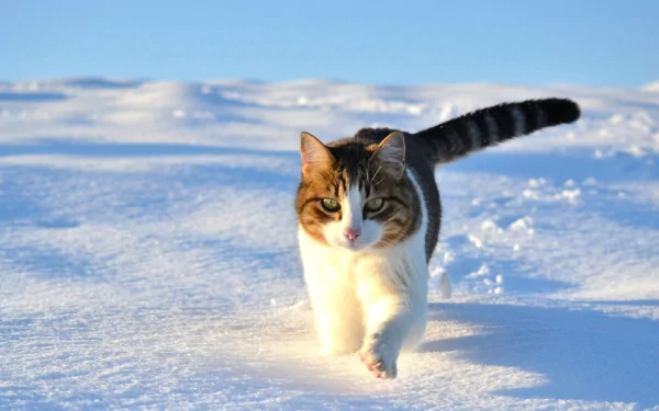 A charming cat walks through untouched snow, its fur contrasting beautifully against the white background. This HD image serves as a stunning desktop wallpaper or background.