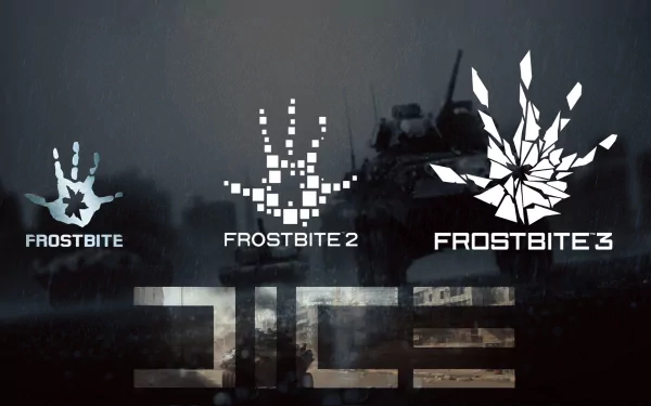 HD PC desktop wallpaper showing DICE logo and three Frostbite engine icons (Frostbite, Frostbite 2, Frostbite 3) over a dark tank battlefield, video game background.