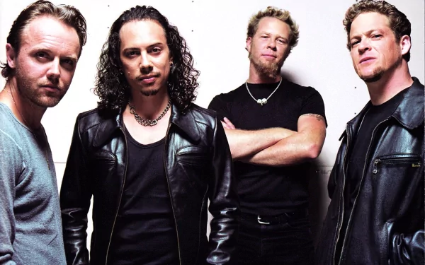 High-definition desktop wallpaper featuring the iconic rock band Metallica, showcasing the four members in a dynamic pose against a simple background.