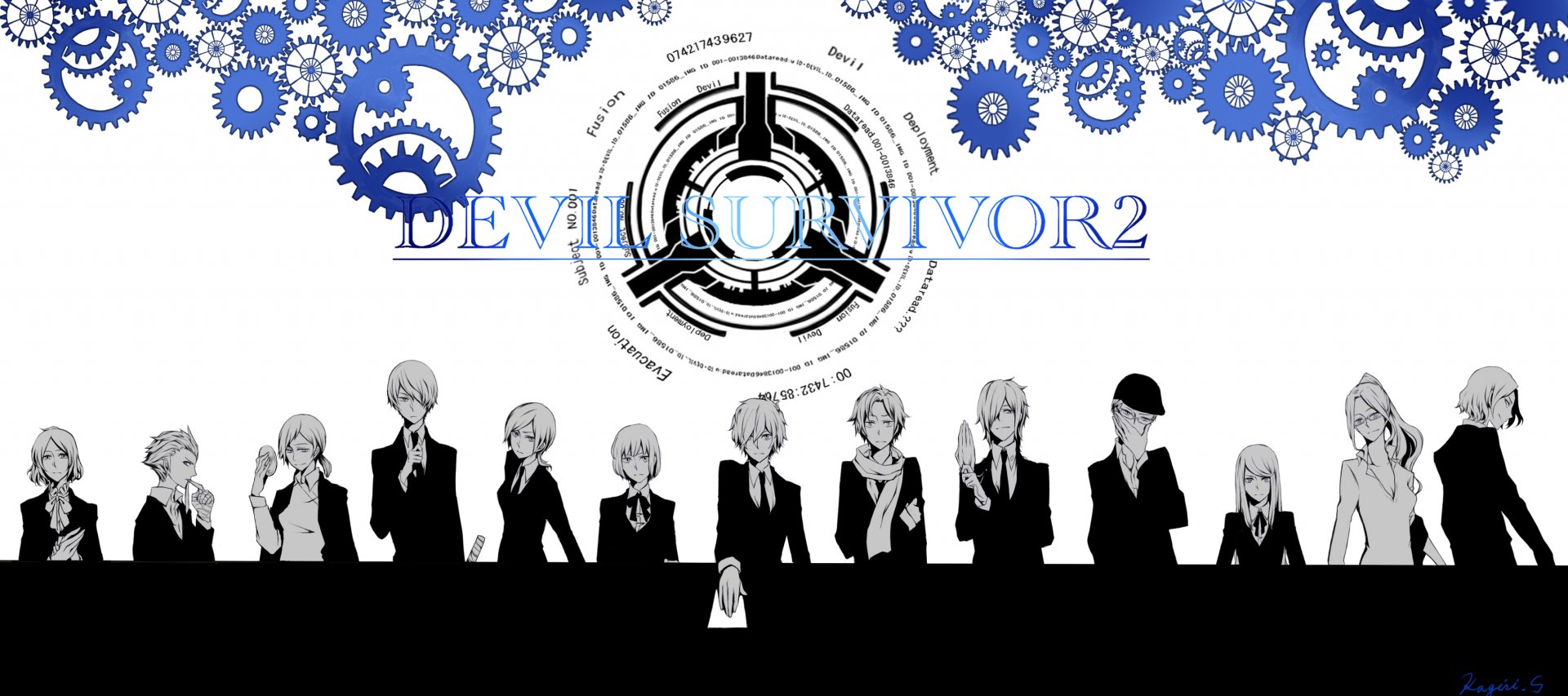 HD PC desktop wallpaper featuring black-and-white anime characters from Devil Survivor 2 The Animation, set against a background of blue mechanical gears and a circular emblem.