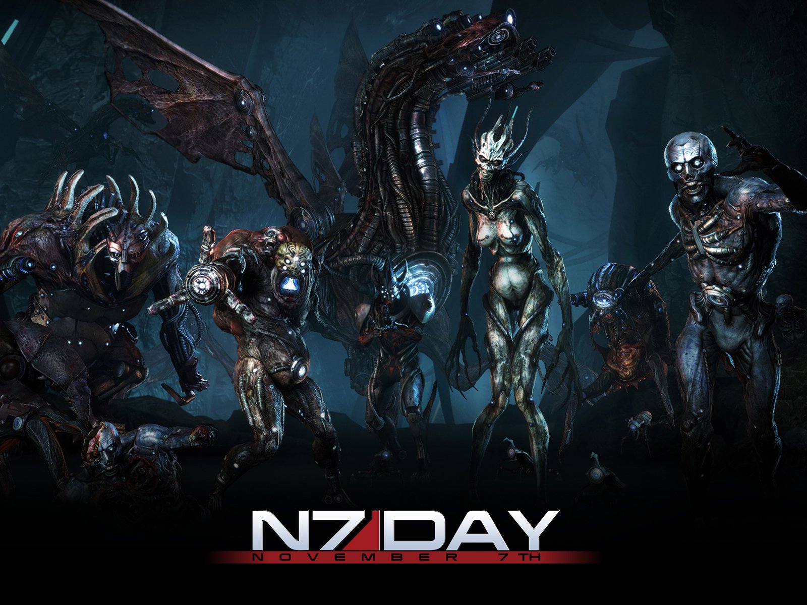 HD PC desktop wallpaper featuring a dark, intense scene from the video game Mass Effect with various alien creatures and the text N7 DAY at the bottom.