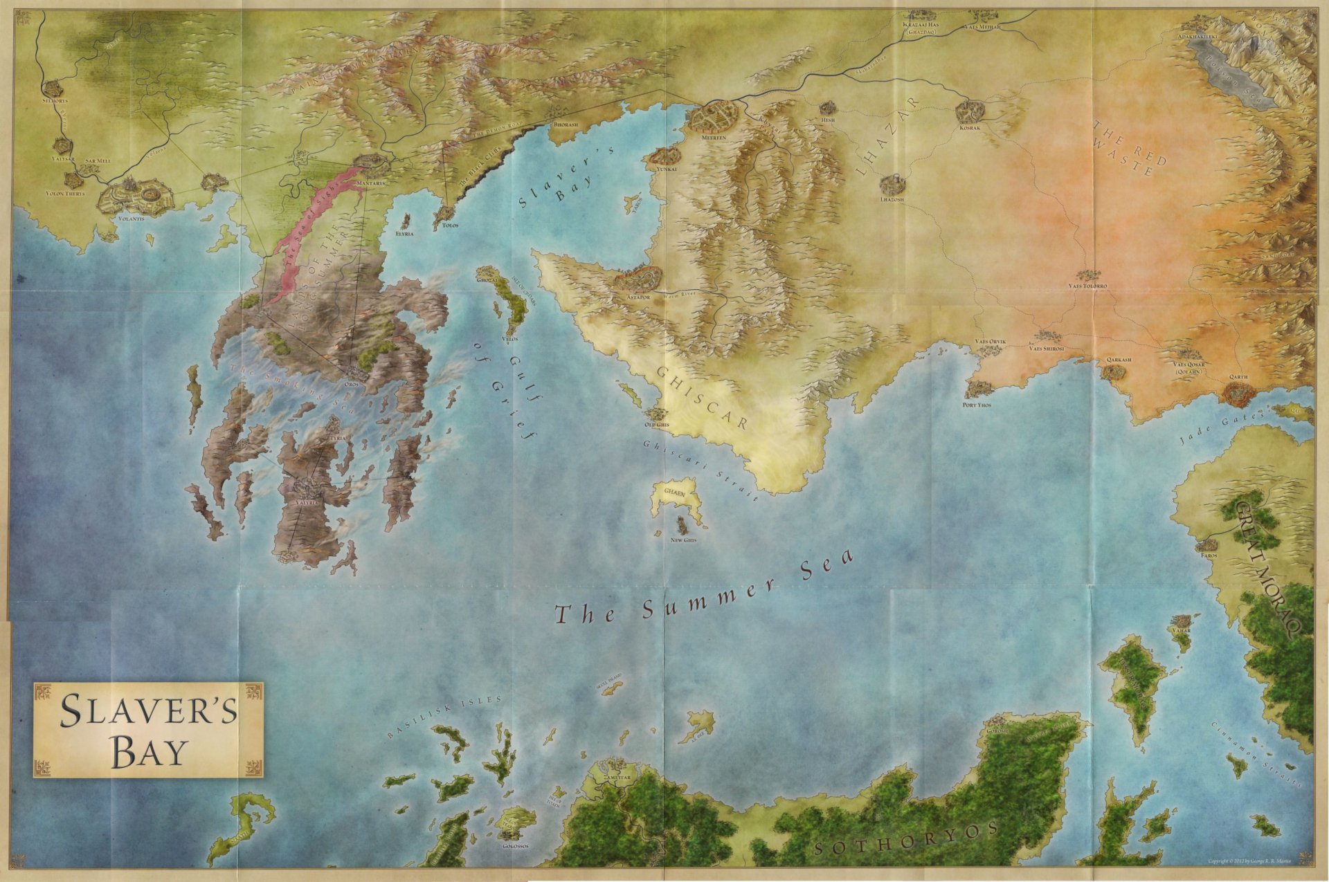 HD fantasy map of Slaver's Bay from A Song of Ice and Fire, displayed as a detailed PC desktop wallpaper and background.