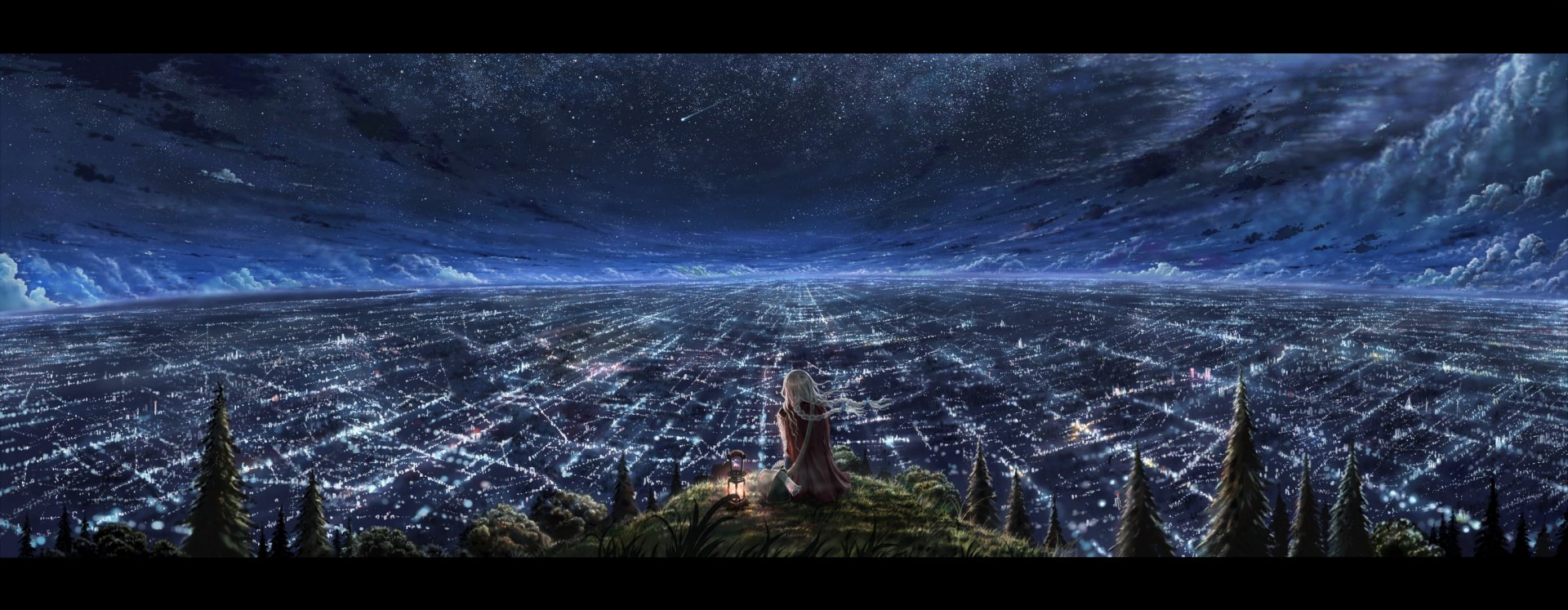 A stunning anime-inspired HD wallpaper depicting a figure overlooking a sprawling, illuminated cityscape under a starry night sky, blending tranquility and wonder.