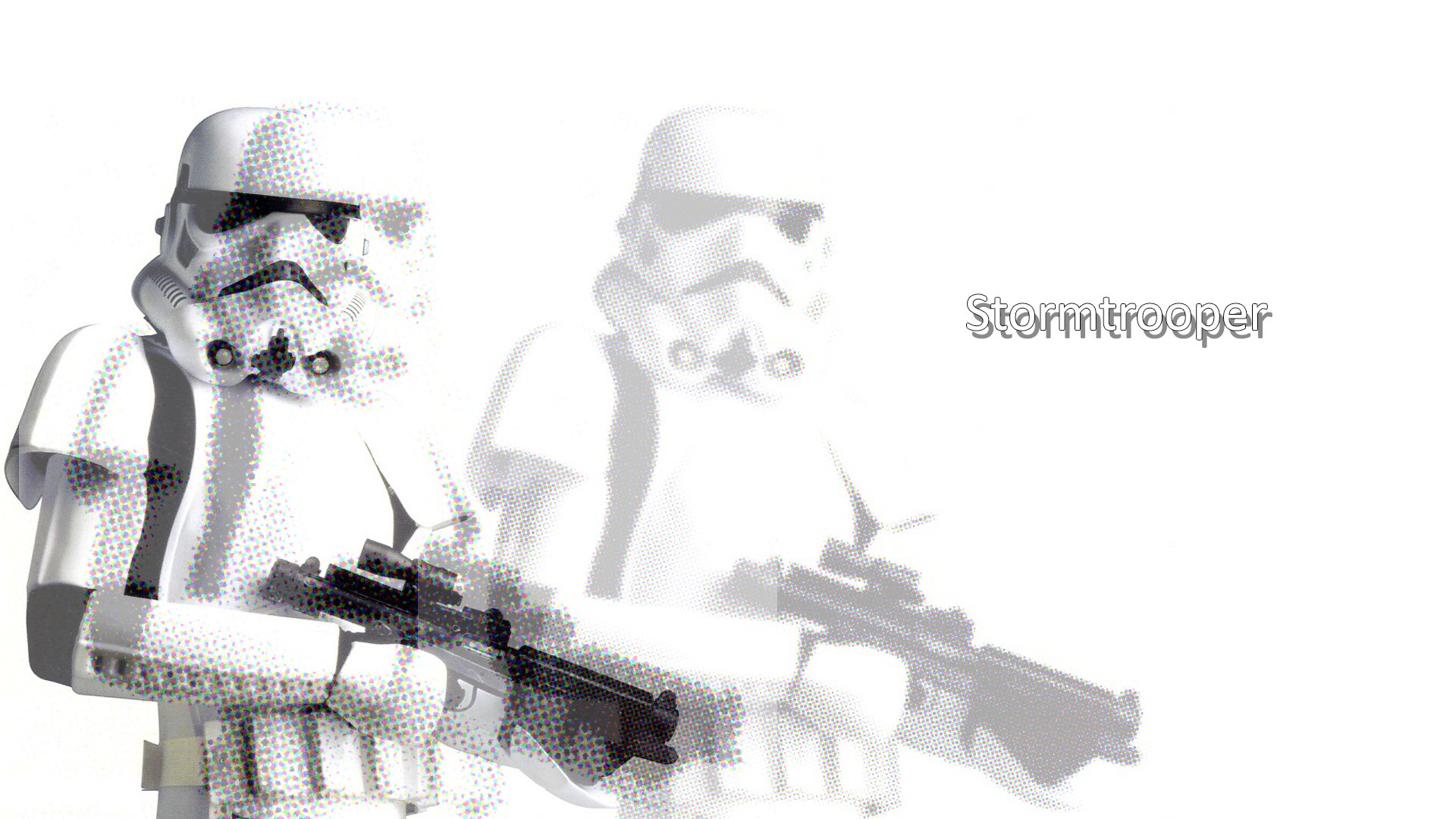 HD PC desktop wallpaper featuring two Star Wars stormtroopers with a glitch effect on a white background and the word Stormtrooper beside them.