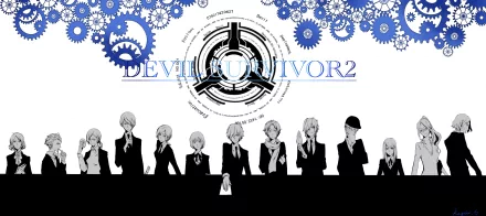 HD PC desktop wallpaper featuring black-and-white anime characters from Devil Survivor 2 The Animation, set against a background of blue mechanical gears and a circular emblem.