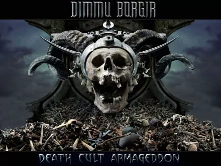 HD PC wallpaper featuring dark, eerie art with a skull and ram horns, inspired by the music band Dimmu Borgir.
