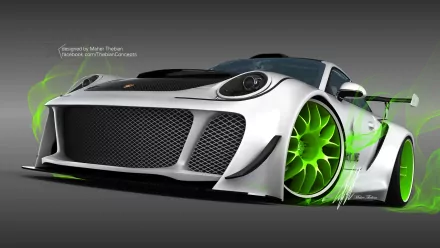 HD desktop wallpaper showcasing a sleek white Porsche Hurricane concept car with vibrant green accents and dynamic design elements.