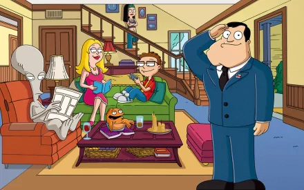 HD PC desktop wallpaper featuring the American Dad! TV show cast in their living room, showcasing Stan, Francine, Steve, Roger, and Klaus in a vibrant cartoon style.