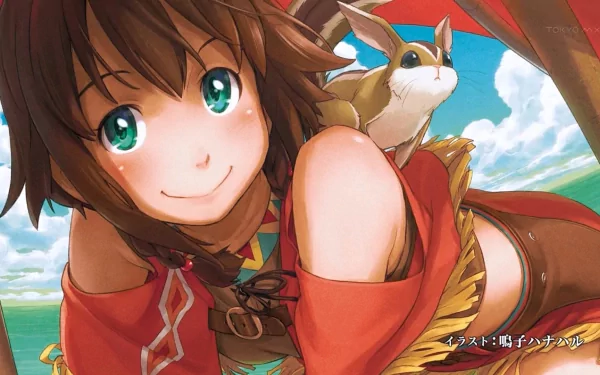 HD PC wallpaper: Gargantia on the Verdurous Planet (Suisei no Gargantia) anime — smiling brown‑haired girl with green eyes and a small animal perched on her shoulder by the sea.
