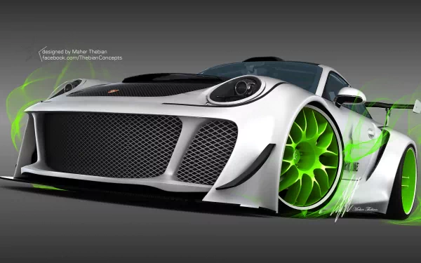 HD desktop wallpaper showcasing a sleek white Porsche Hurricane concept car with vibrant green accents and dynamic design elements.