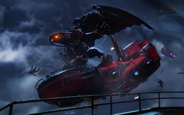 4K Ultra HD Bioshock Infinite PC wallpaper featuring a dark, mechanical flying creature with glowing eyes against a stormy night sky.