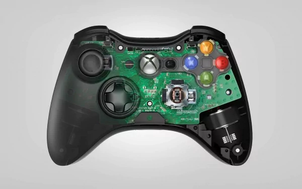 Xbox 360 controller with transparent casing revealing internal circuitry, designed as an HD desktop wallpaper and background.