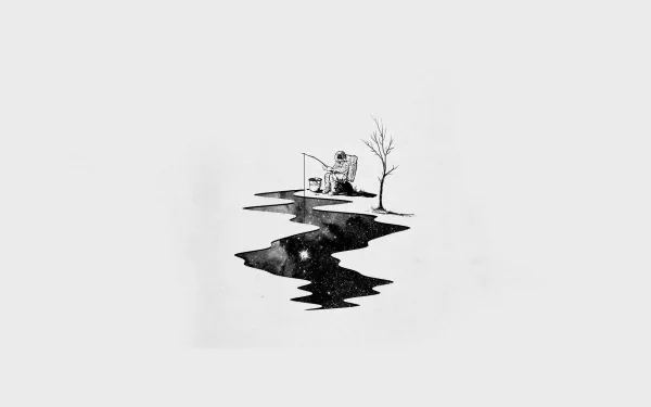 Artistic black and white HD wallpaper featuring an abstract floating island with a reflective surface.