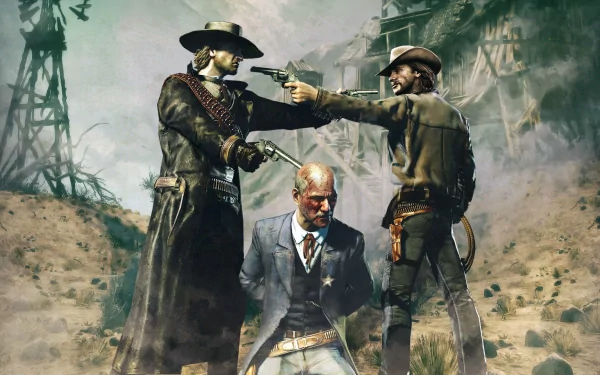 Video game HD PC desktop wallpaper — Call Of Juarez: Bound In Blood: two armed cowboys hold pistols to a kneeling man's head in a dusty Western town.